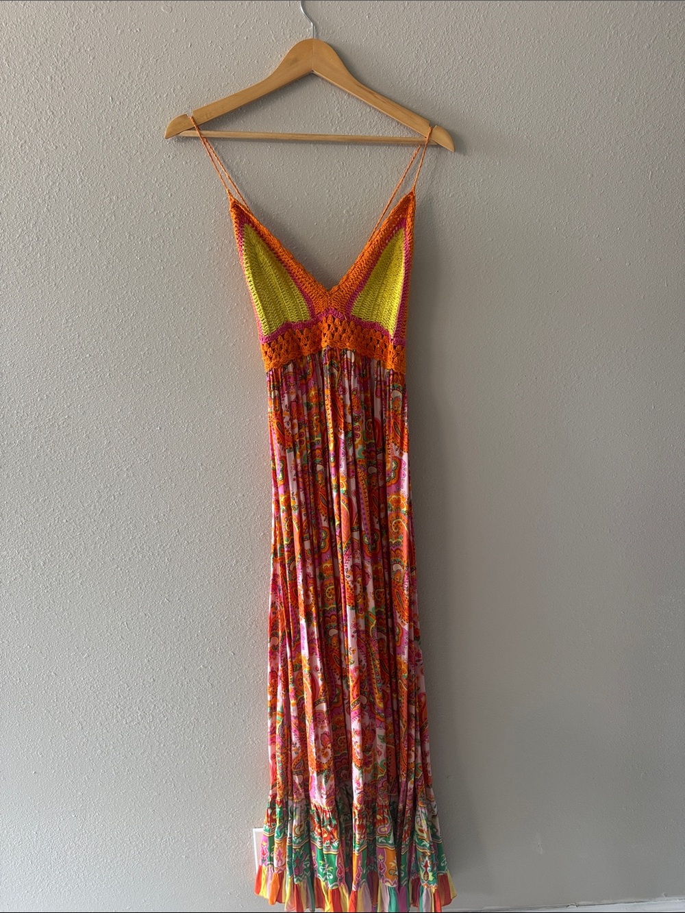 Vibrant Crochet-Bust Paisley Maxi Dress in Orange, Yellow & Pink